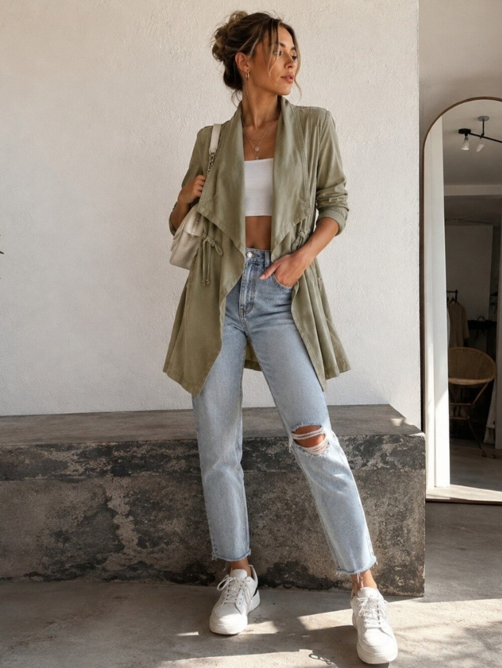 100% Tencel Waterfall Drape Utility Jacket Sage Olive M
